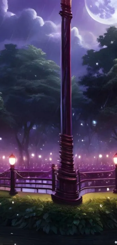 Mystical moonlit garden with glowing lamps.