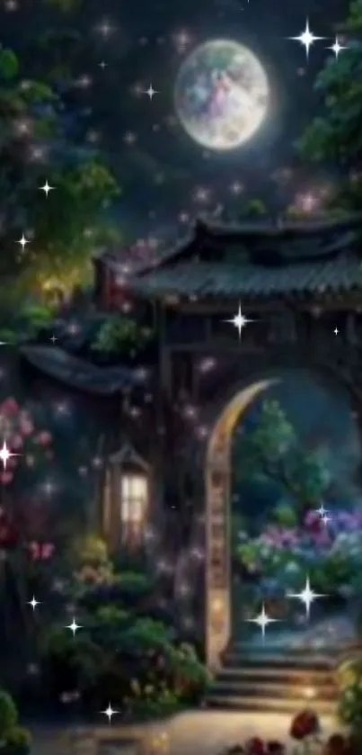 Mystical nighttime garden with stars and moon.