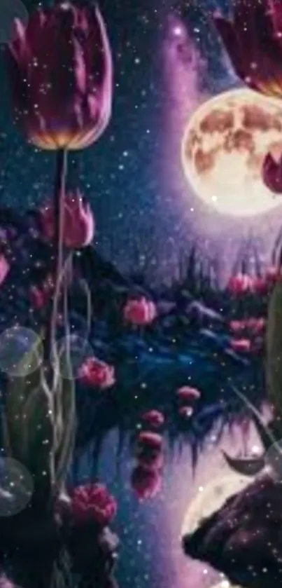 Mystical night garden with tulips and full moon.