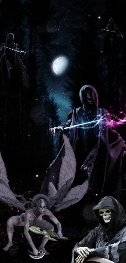 Dark fantasy scene with grim reapers and mystical creatures under a moonlit sky.