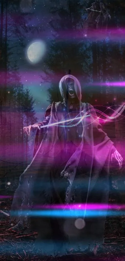 Hooded figure in a mystical forest with purple light streaks.