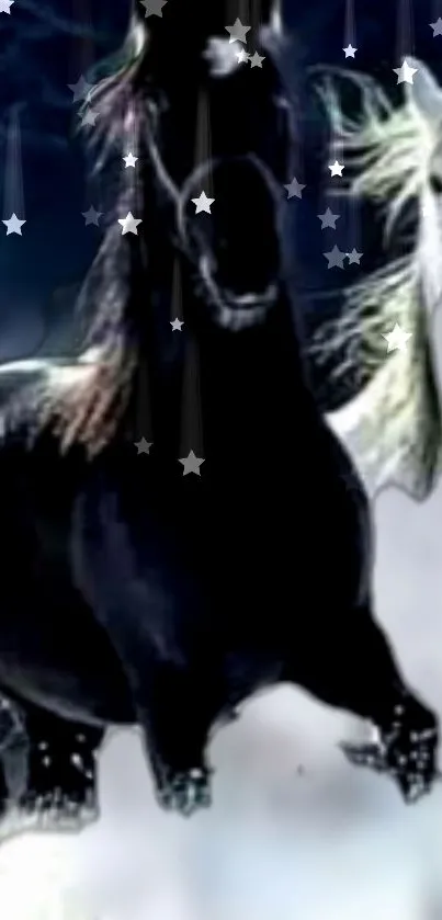 Mystical night horse with stars in dark tones, ideal mobile wallpaper.