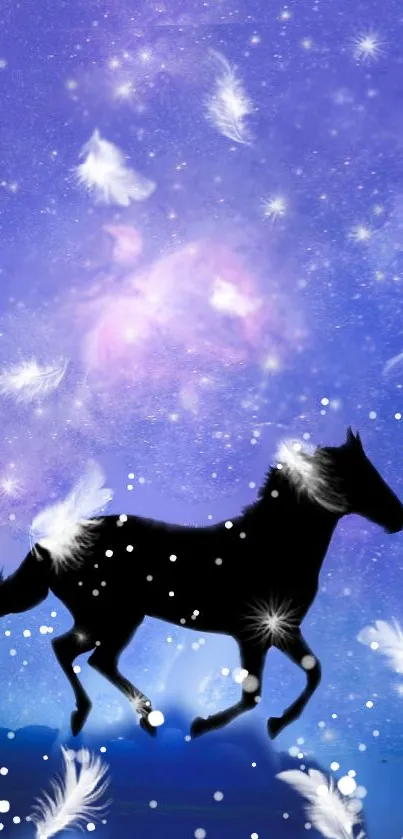 Mystical black horse galloping in a purple galaxy sky with white feathers.