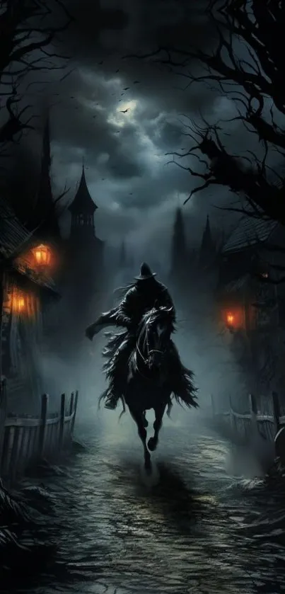 A mysterious horseman rides under a moonlit, gothic night sky.