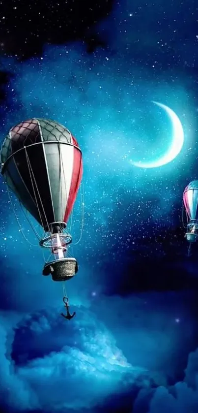 Hot air balloons float under a crescent moon in a night sky.