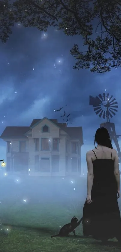 Mysterious night scene with a lit house, dark figures, and a moonlit sky.