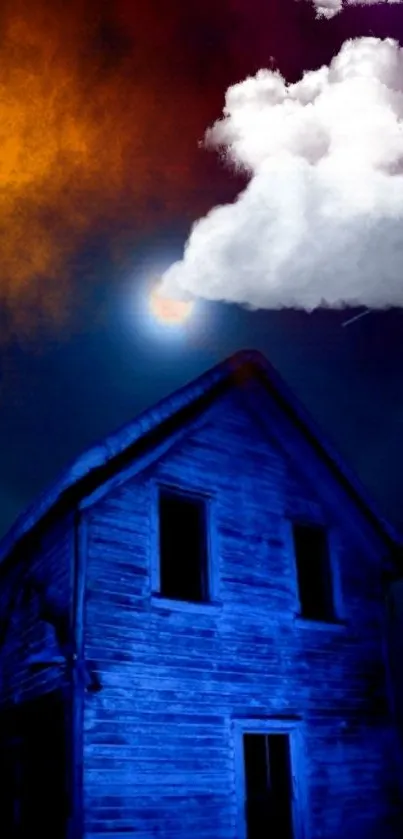 Abandoned house under a mystical, cloud-filled night sky.