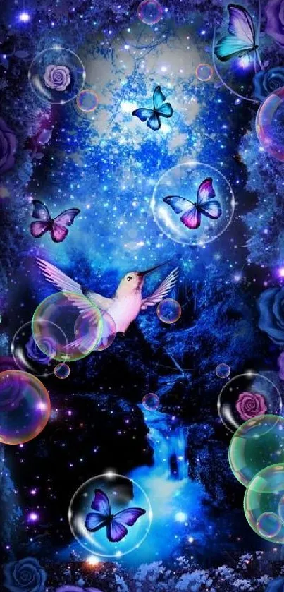 Mystical night wallpaper with hummingbird, butterflies, and vibrant roses.