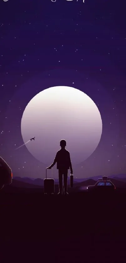 Silhouette of traveler under a starry night sky with a large moon.