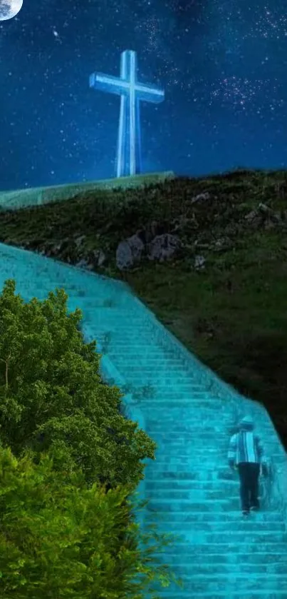 Night scene with glowing cross atop hill and blue-lit stairs.