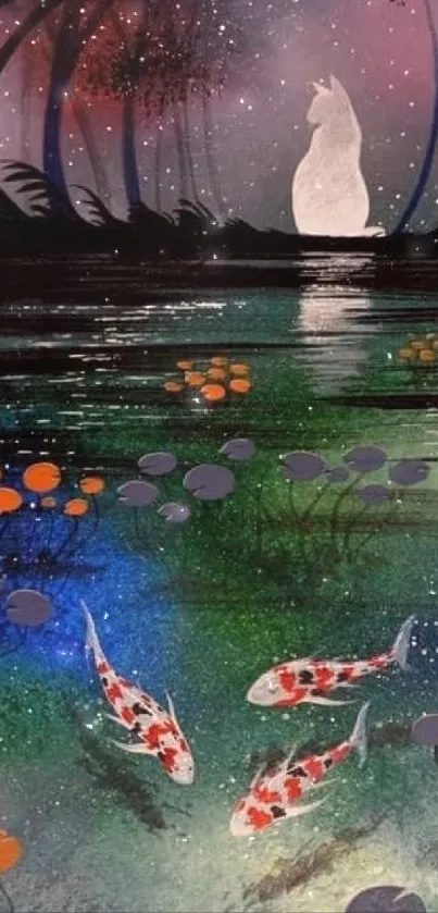 Enchanting night pond with koi fish and glowing lily pads under stars.