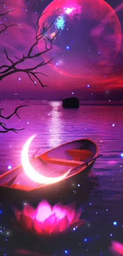 Mystical scene with moonlit boat on pink lakeside.