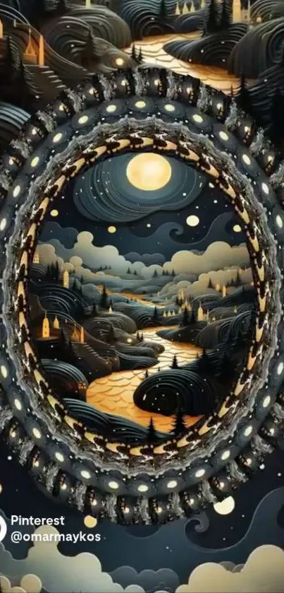 Mystical night landscape art with moonlit scenery.