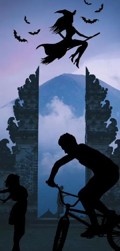 Mystical silhouette scene with cyclist, witch, and ancient gates at night.