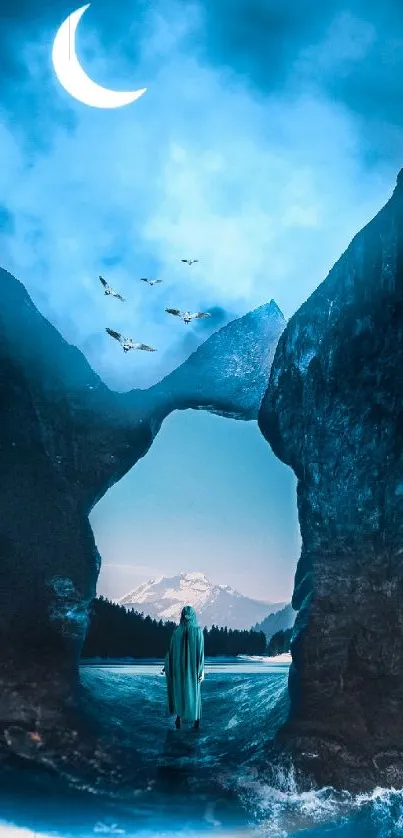 Mystical blue night scene with crescent moon and mountains.