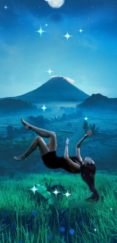 Floating figure in a mystical night landscape with stars and a mountain.