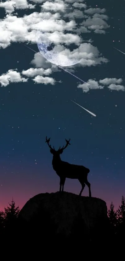 Silhouetted deer on hill under starry night sky with crescent moon.