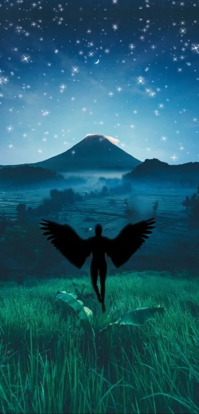 Mystical night landscape with stars and a silhouetted figure against a volcano.