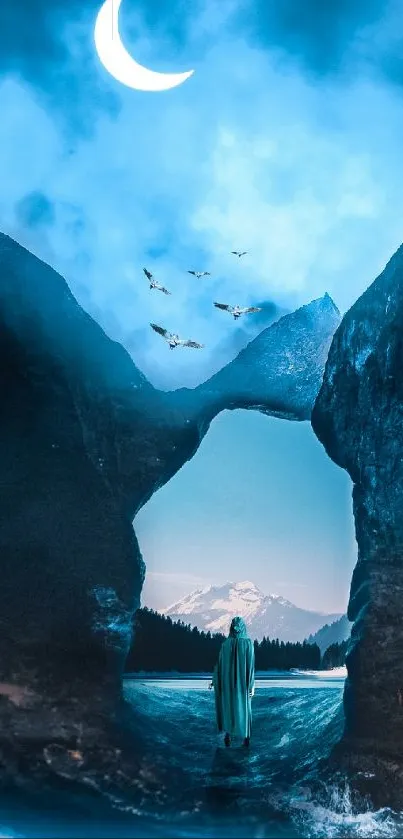 Cloaked figure on a moonlit mountain path with azure sky and crescent moon.