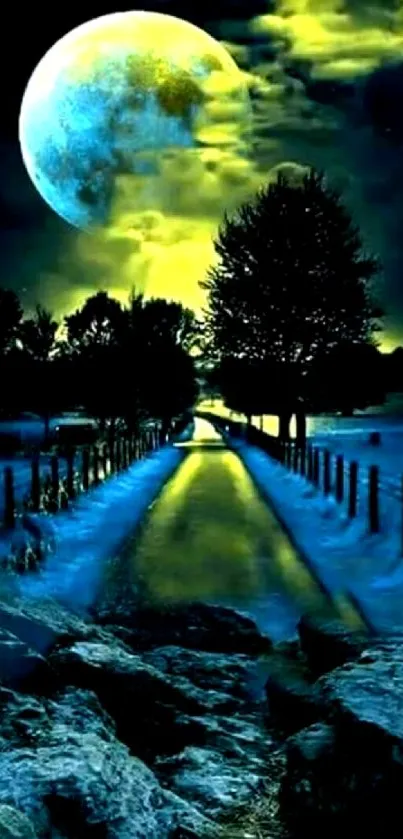 Mystical night landscape with moonlit path and silhouetted trees.