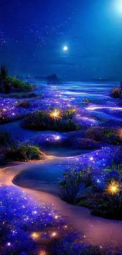 Mystical night landscape with starry lights and blue hues for mobile wallpaper.