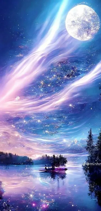 Mystical night landscape with cosmic sky and reflections.
