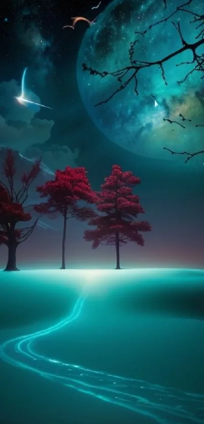 Mystical wallpaper with red trees and glowing stream under a starry sky.