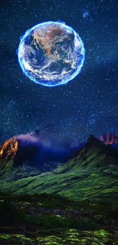 Ethereal planet above mountains at night.