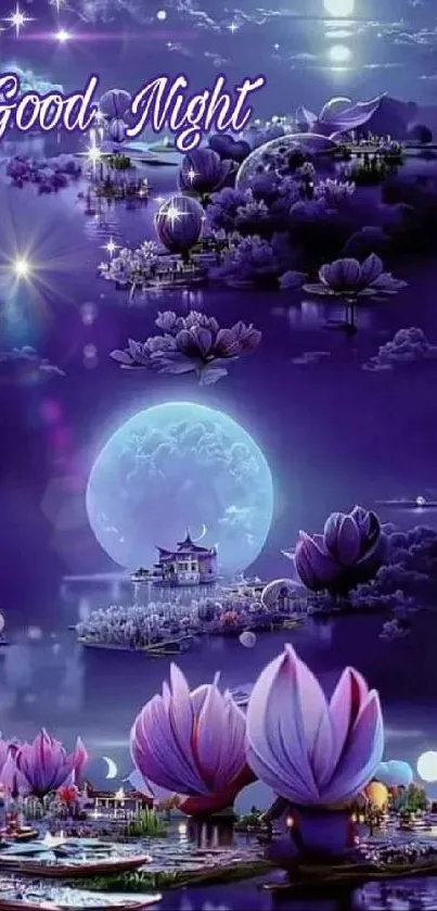 Nighttime lotus blossoms with a full moon reflecting in tranquil water.