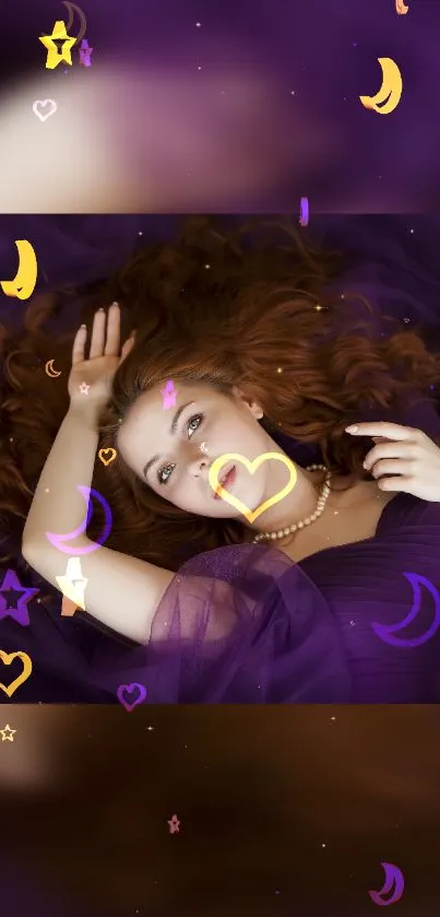 Woman in purple dress with mystical heart and moon symbols.