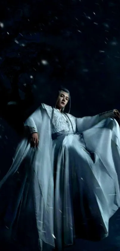 Mystical warrior in flowing robe against night sky.