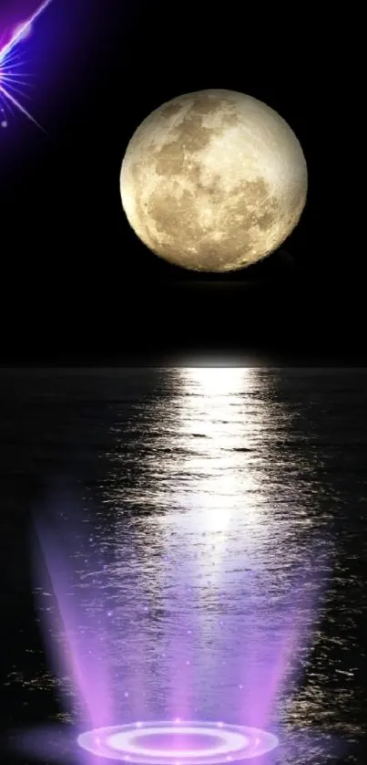 Moonlit night with purple reflection on water creating a mystical scene.