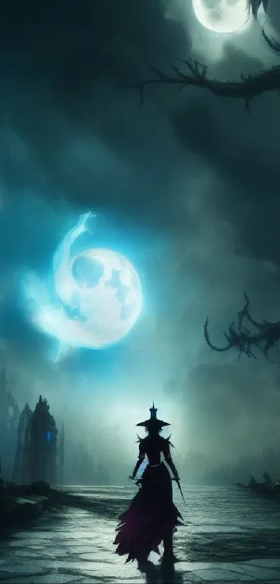 Mystical night scene with moon and silhouette figure.