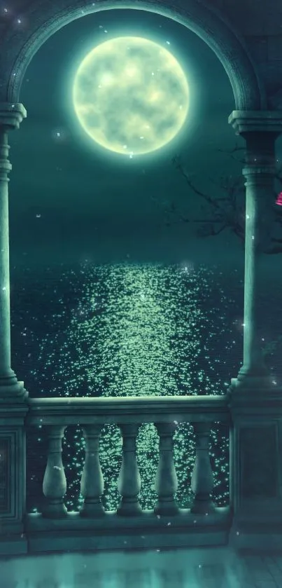 Moonlit balcony overlooking calm waters under a teal night sky with a glowing moon.