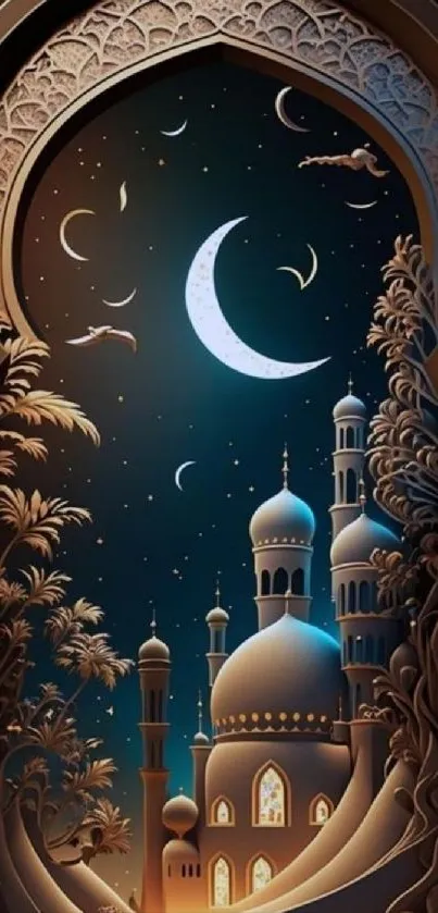 Mystical mosque under crescent moon on a starry night wallpaper.