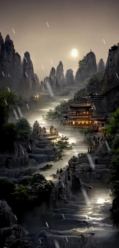 Mystical night mountain scene with temples and moon.