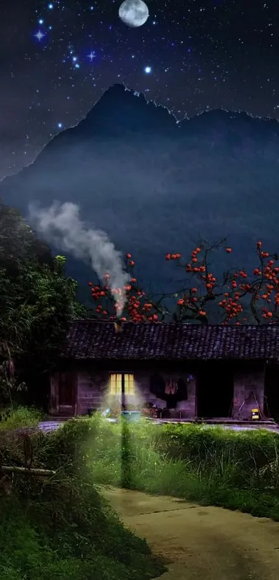 Cabin in a dark mountain setting under a starry sky with red foliage.