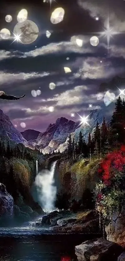 Mystical mountain night scene with waterfall, moon, and forest.