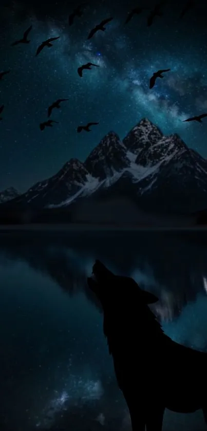 Silhouetted wolf beneath starry night sky and mountains.