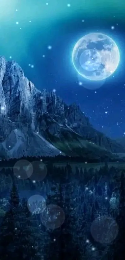 Night mountain scene with full moon and starry sky.