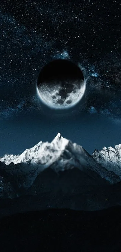 Moonlit mountains with a cosmic night sky wallpaper.