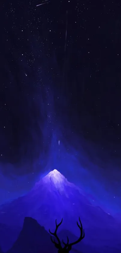 Mystical mountain and starry night mobile wallpaper with deer silhouette.