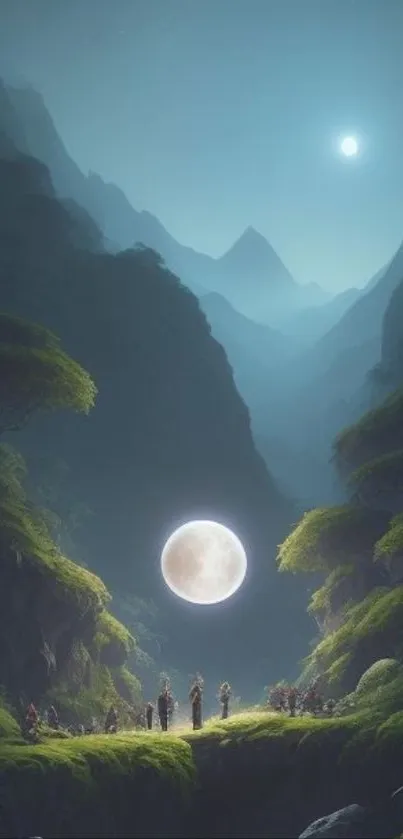 Mystical scene with full moon over mountains at night.