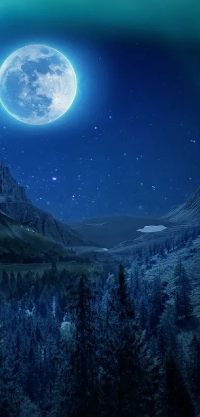 Mystical night mountain wallpaper with a full moon and starry sky.