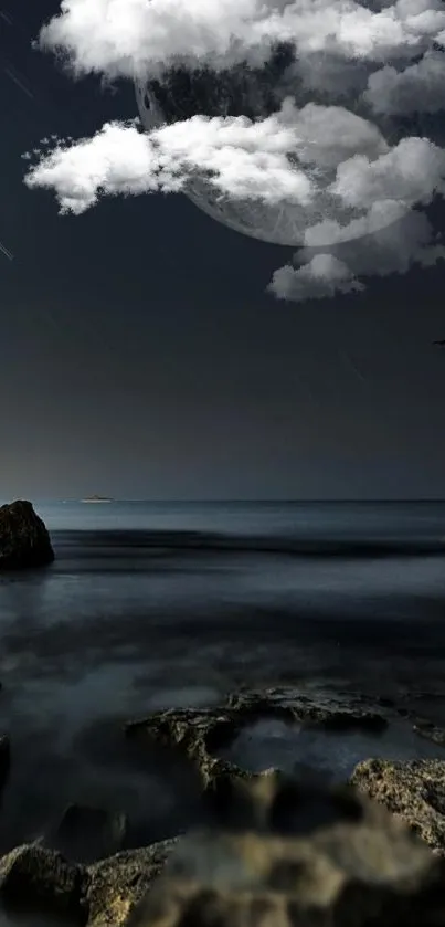 Moonlit night ocean with shipwreck and clouds.