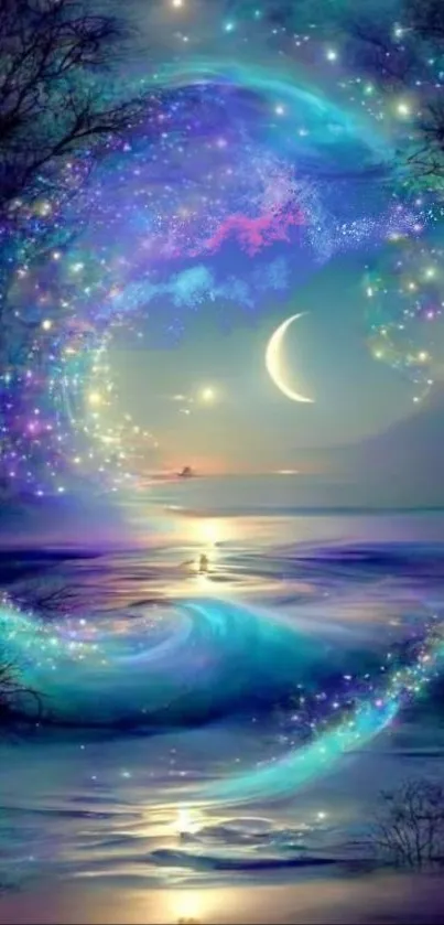 Mystical ocean scene with crescent moon and stars