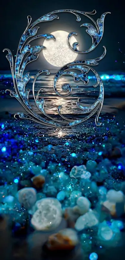 Mystical night ocean scene with full moon and luminous stones.