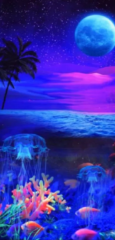 Mystical night ocean with glowing jellyfish and a vibrant moonlit sky.