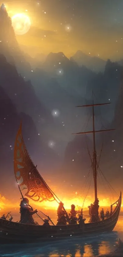 Viking ship journey under moonlit sky, surrounded by glowing waters and mystical mountains.