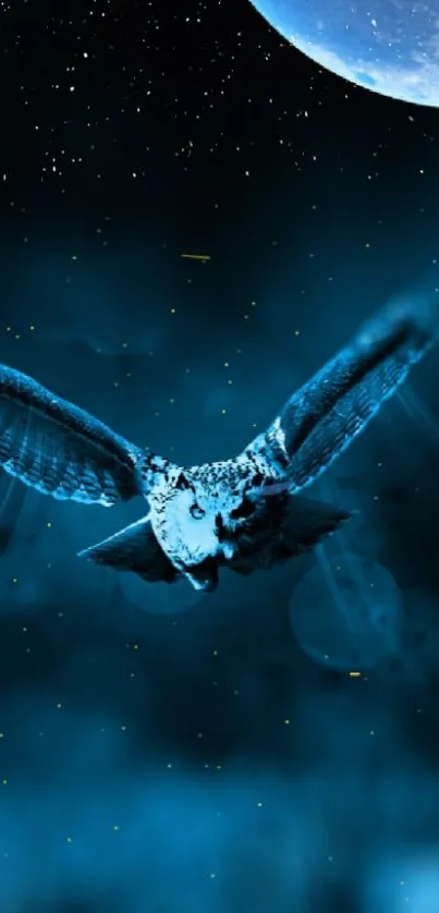 Owl soaring under a starry blue sky with a moonlit background.